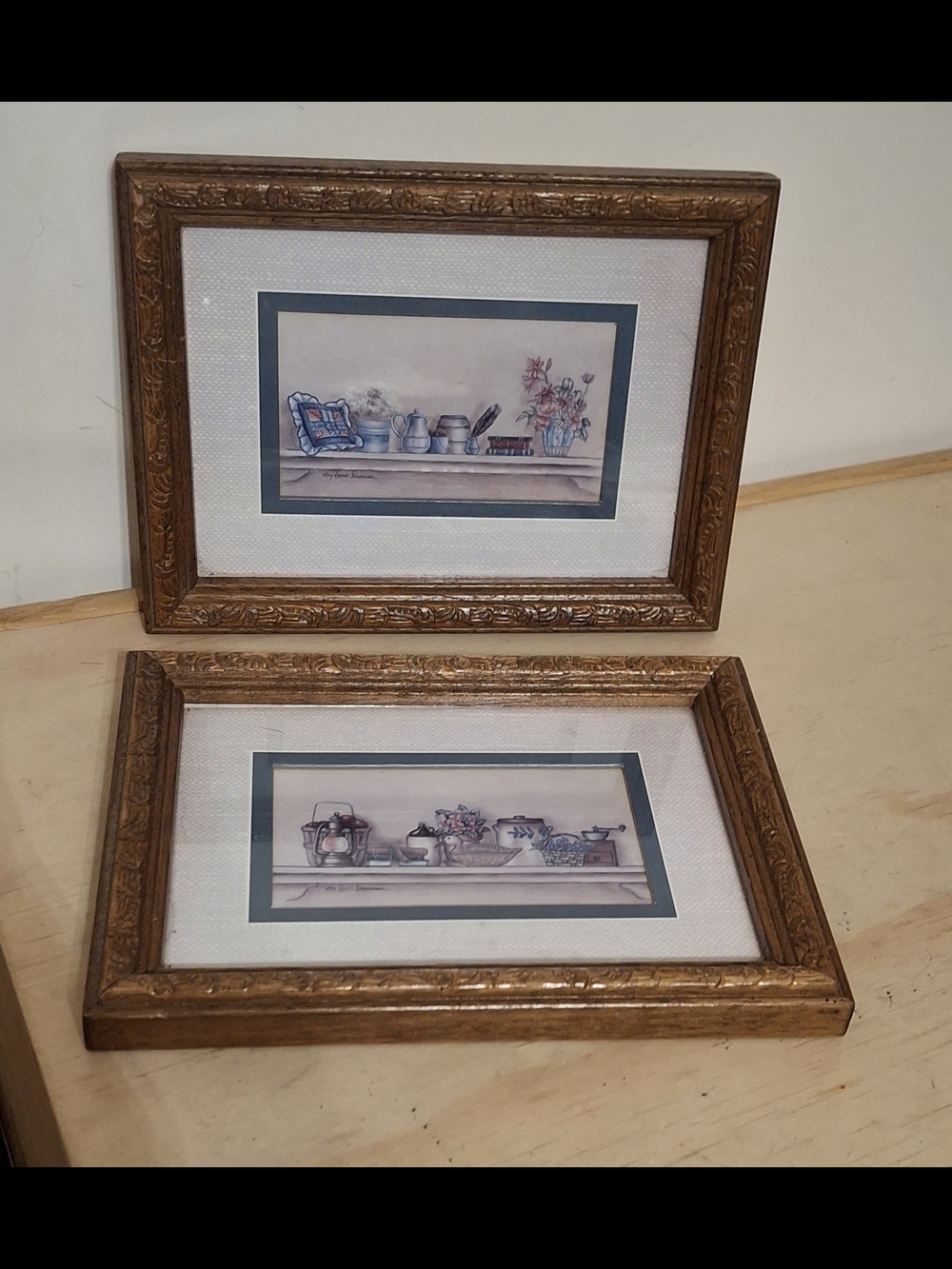 2 vintage 80s Rustic Country prints by Kay Lamb Shannon in embossed wood frames
